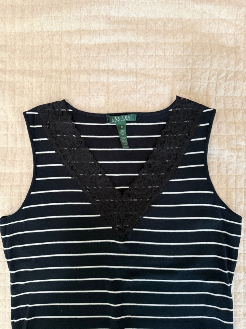 Ralph Lauren Black and White Striped Lace-Trim V-Neck Tank